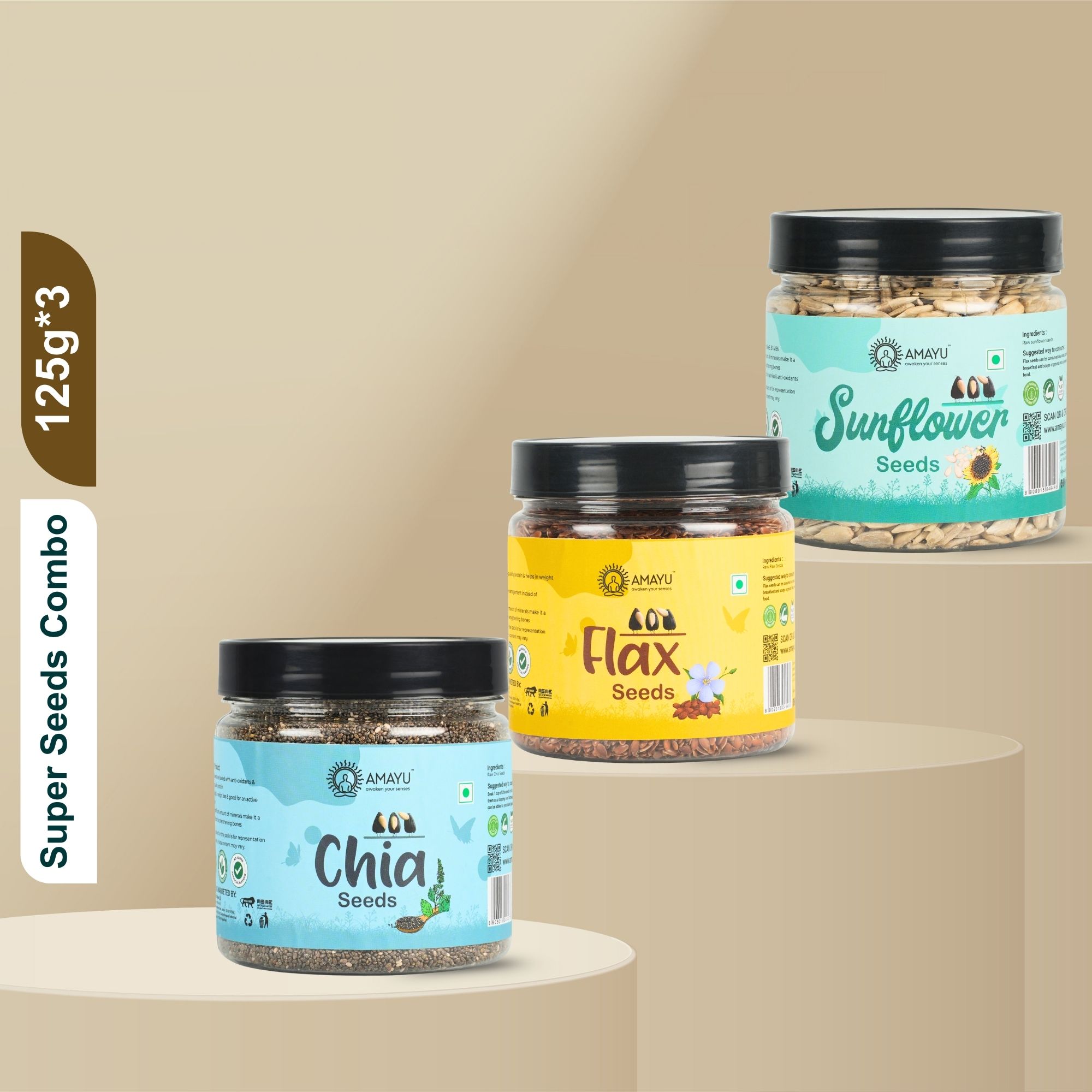 Raw Chia Flax Sunflower Seeds Combo 125g